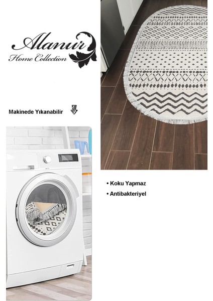 Dijital Mutfak Halısı Yıldız Deri Kaymaz Taban Saçaklı Oval Iskandinav Cade Bej modelleri