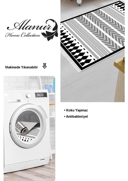 Dijital Mutfak Halısı Trend Keçe Kaymaz Taban Saçaklı Iskandinav Saxona Siyah