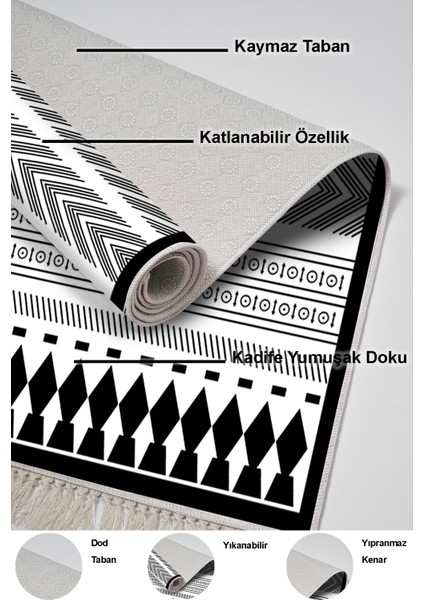 Dijital Mutfak Halısı Trend Keçe Kaymaz Taban Saçaklı Iskandinav Saxona Siyah