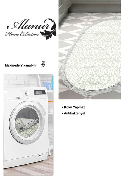 Dijital Mutfak Halısı Trend Keçe Kaymaz Taban Saçaklı Oval Modern Eliana Yeşil modelleri