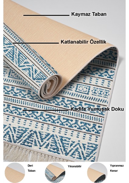 Dijital Mutfak Halısı Yıldız Deri Kaymaz Taban Saçaklı Iskandinav Adelia Lacivert