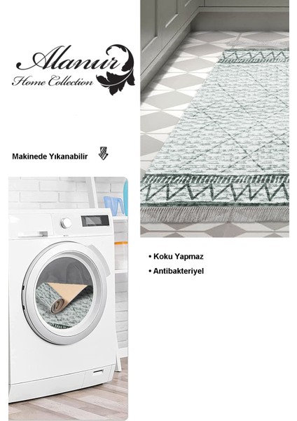 Dijital Mutfak Halısı Yıldız Deri Kaymaz Taban Saçaklı Iskandinav Farah Turkuaz modelleri