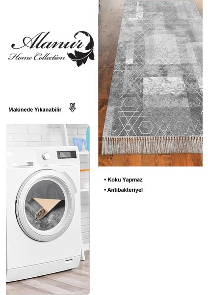 Dijital Mutfak Halısı Yıldız Deri Kaymaz Taban Saçaklı Iskandinav Page Gri