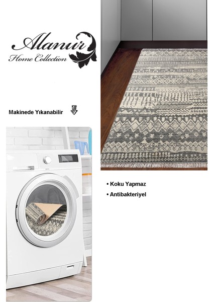 Dijital Mutfak Halısı Yıldız Deri Kaymaz Taban Saçaklı Iskandinav Ysabel Gri
