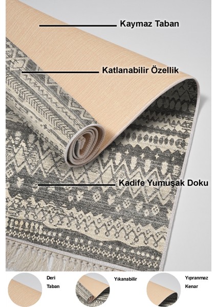 Dijital Mutfak Halısı Yıldız Deri Kaymaz Taban Saçaklı Iskandinav Ysabel Gri