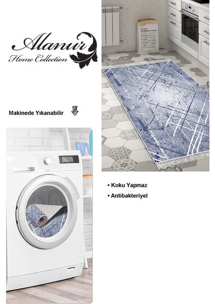 Dijital Mutfak Halısı Trend Keçe Kaymaz Taban Saçaklı Modern Allissa Mavi modelleri