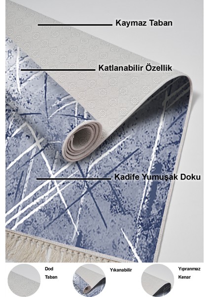 Dijital Mutfak Halısı Trend Keçe Kaymaz Taban Saçaklı Modern Allissa Mavi indirimleri