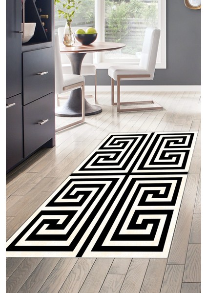 Dijital Mutfak Halısı Yıldız Deri Kaymaz Taban Modern Jem Siyah