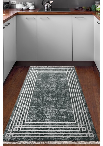 Dijital Mutfak Halısı Yıldız Deri Kaymaz Taban Saçaklı Modern Shelbi Gri