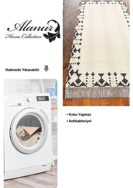 Dijital Mutfak Halısı Yıldız Deri Kaymaz Taban Saçaklı Modern Kody Bej