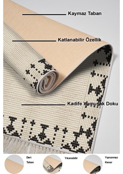 Dijital Mutfak Halısı Yıldız Deri Kaymaz Taban Saçaklı Modern Kody Bej