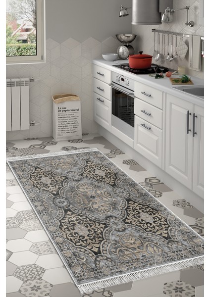 Dijital Mutfak Halısı Star Pamuk Kaymaz Taban Saçaklı Modern Osana Bej