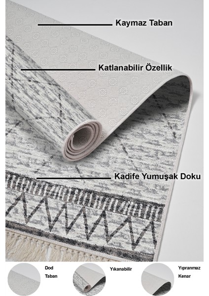 Dijital Mutfak Halısı Trend Keçe Kaymaz Taban Saçaklı Iskandinav Farah Gri