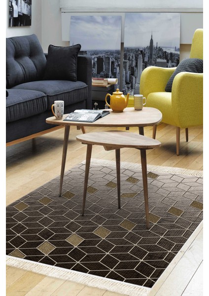 Dijital Salon Halısı Yıldız Deri Kaymaz Taban Saçaklı Modern Daire Gri