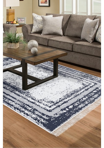 Dijital Salon Halısı Yıldız Deri Kaymaz Taban Saçaklı Modern Mollie Lacivert