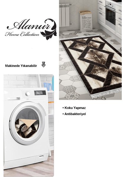 Dijital Mutfak Halısı Yıldız Deri Kaymaz Taban Saçaklı Modern Posy Kahve modelleri