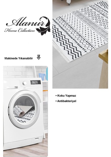 Dijital Mutfak Halısı Trend Keçe Kaymaz Taban Saçaklı Iskandinav Cade Lacivert