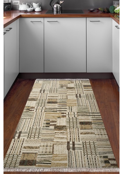 Dijital Mutfak Halısı Star Pamuk Kaymaz Taban Saçaklı Modern Harper Kahve Bej