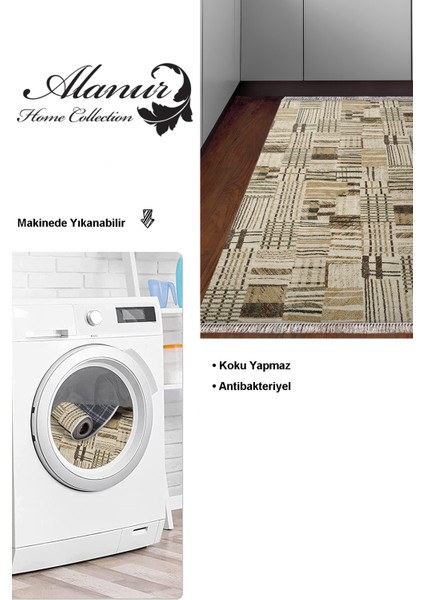 Dijital Mutfak Halısı Star Pamuk Kaymaz Taban Saçaklı Modern Harper Kahve Bej modelleri