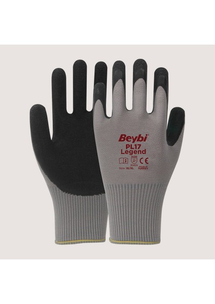Beybi PL17 9 Beden Gri-Siyah 12'li Paket Legend Polyester Örme Lateks Eldiven
