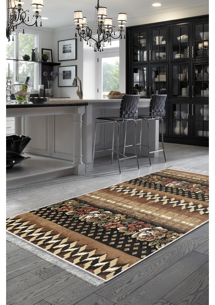 Dijital Mutfak Halısı Trend Keçe Kaymaz Taban Saçaklı Modern Becca Kahve