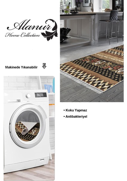 Dijital Mutfak Halısı Trend Keçe Kaymaz Taban Saçaklı Modern Becca Kahve