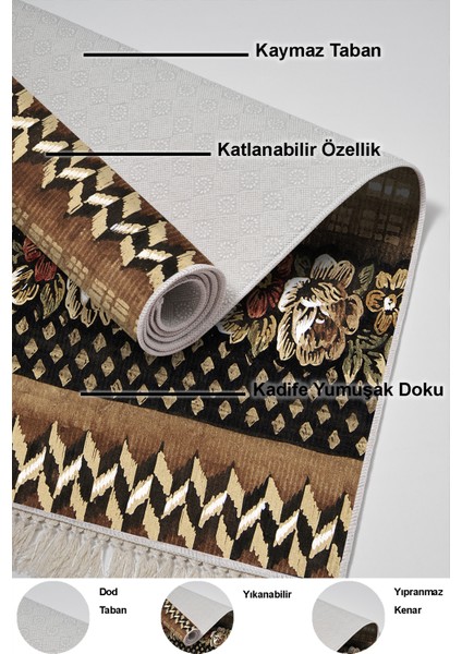 Dijital Mutfak Halısı Trend Keçe Kaymaz Taban Saçaklı Modern Becca Kahve