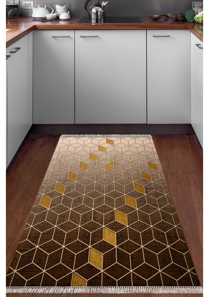 Dijital Mutfak Halısı Trend Keçe Kaymaz Taban Saçaklı Modern Daire Kahve