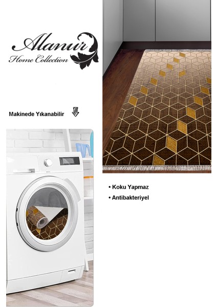 Dijital Mutfak Halısı Trend Keçe Kaymaz Taban Saçaklı Modern Daire Kahve modelleri