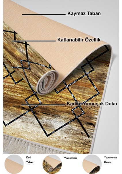 Dijital Mutfak Halısı Yıldız Deri Kaymaz Taban Saçaklı Modern Zanna Gold