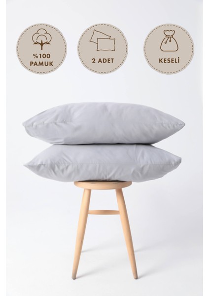 %100 Pamuk 2li Keseli Yastık Kılıfı 50x70 - Gri