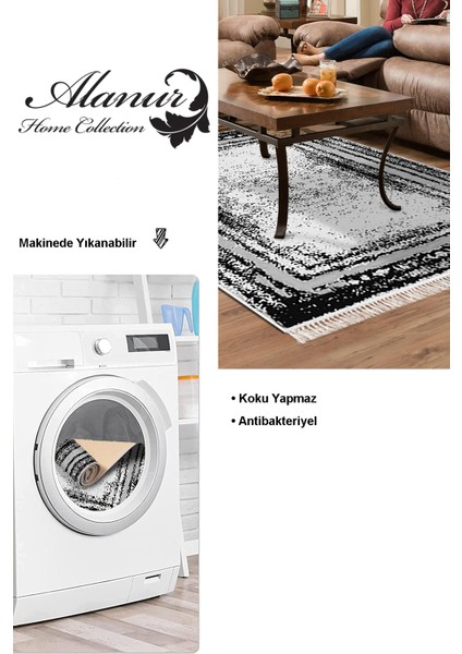 Dijital Salon Halısı Yıldız Deri Kaymaz Taban Saçaklı Modern Mollie Siyah