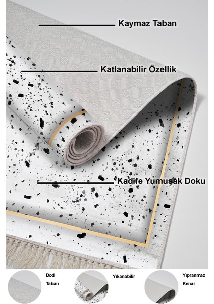 Dijital Salon Halısı Trend Keçe Kaymaz Taban Saçaklı Modern Leann Krem