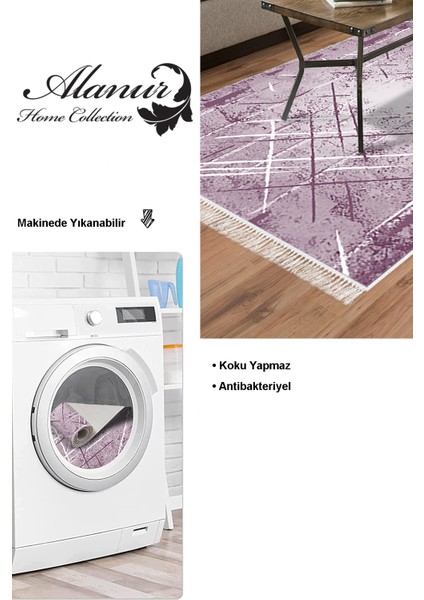Dijital Salon Halısı Trend Keçe Kaymaz Taban Saçaklı Modern Allissa Mor modelleri