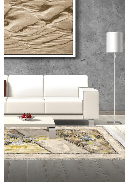 Dijital Salon Halısı Trend Keçe Kaymaz Taban Saçaklı Modern Kristalena Sarı