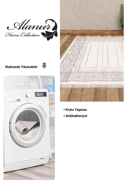 Dijital Salon Halısı Trend Keçe Kaymaz Taban Saçaklı Modern Rana Pembe