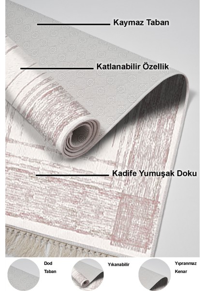 Dijital Salon Halısı Trend Keçe Kaymaz Taban Saçaklı Modern Rana Pembe