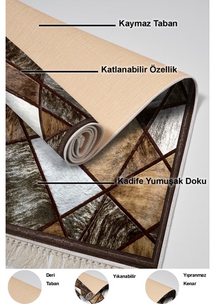 Dijital Salon Halısı Yıldız Deri Kaymaz Taban Saçaklı Modern Janice Gri Kahve