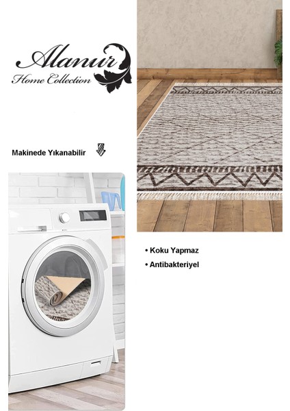 Dijital Salon Halısı Yıldız Deri Kaymaz Taban Saçaklı Iskandinav Farah Kahve
