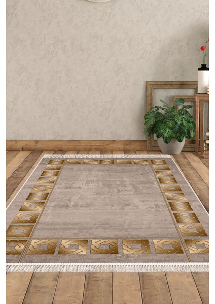 Dijital Salon Halısı Yıldız Deri Kaymaz Taban Saçaklı Modern Twyla Camel