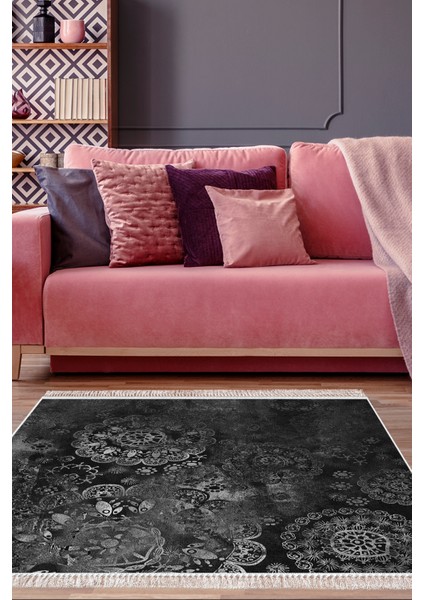 Dijital Salon Halısı Yıldız Deri Kaymaz Taban Saçaklı Modern Aubree Gri