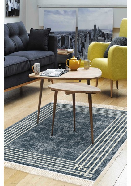 Dijital Salon Halısı Yıldız Deri Kaymaz Taban Saçaklı Modern Shelbi Mavi