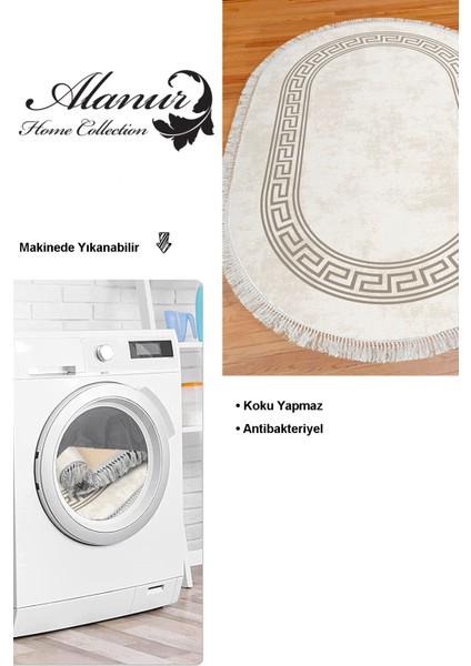 Dijital Mutfak Halısı Yıldız Deri Kaymaz Taban Saçaklı Oval Modern Cassietta Krem