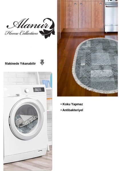 Dijital Mutfak Halısı Trend Keçe Kaymaz Taban Saçaklı Oval Iskandinav Page Mavi