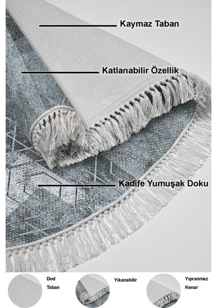 Dijital Mutfak Halısı Trend Keçe Kaymaz Taban Saçaklı Oval Iskandinav Page Mavi