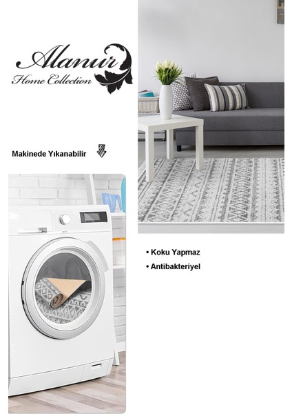 Dijital Salon Halısı Yıldız Deri Kaymaz Taban Saçaklı Iskandinav Mali Gri