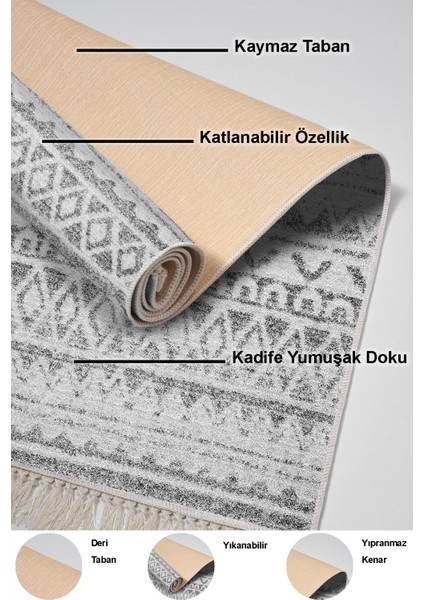 Dijital Salon Halısı Yıldız Deri Kaymaz Taban Saçaklı Iskandinav Mali Gri