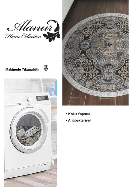 Dijital Mutfak Halısı Star Pamuk Kaymaz Taban Saçaklı Yuvarlak Modern Osana Bej