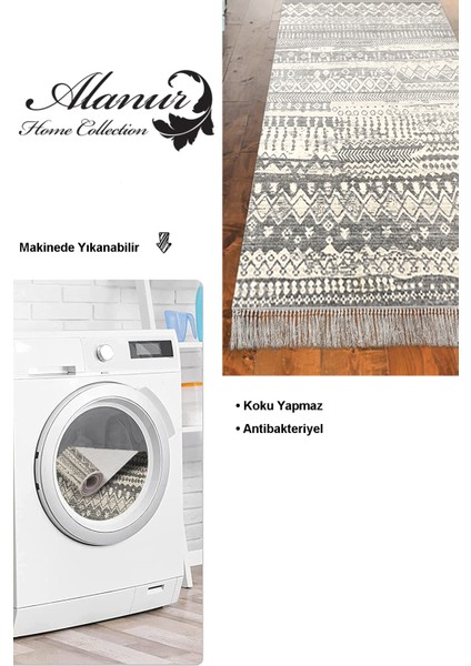 Dijital Mutfak Halısı Trend Keçe Kaymaz Taban Saçaklı Iskandinav Earnestine Gri Bej modelleri