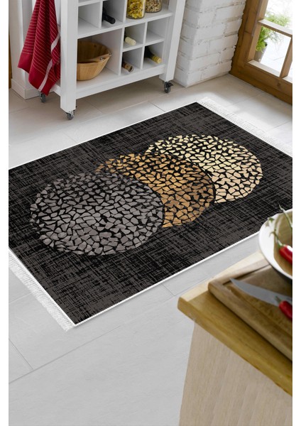 Dijital Mutfak Halısı Trend Keçe Kaymaz Taban Saçaklı Modern Saeran Bej Krem Mavi